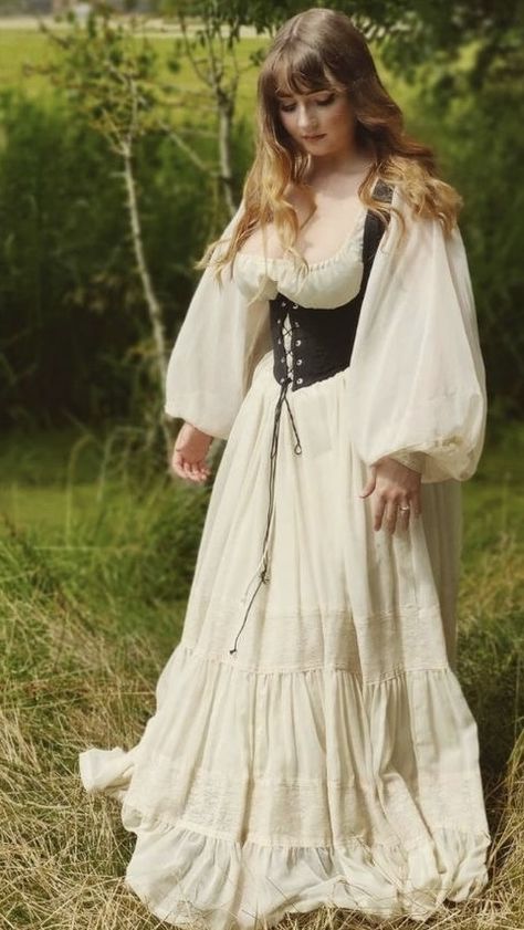 Witch Dresses Medieval, Medevil Outfits Aesthetic, Summer Dress With Corset, Fairytale Outfits Costumes, Maiden Aesthetic Outfit, Peasant Core Outfits, White Ren Faire Outfit, White Witch Outfit Aesthetic, Ren Faire Princess Outfits