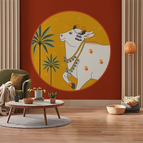 Golawalldecor - Etsy UK Indian Folk Wall Art, Wall Painting Ideas Indian Art, Folk Art Wall Mural, Mural Art Indian, Indian Mural Wall Art, Pichwai Paintings Cows, Wall Painting Ideas Indian, Pichwai Designs, Pichwai Wallpaper