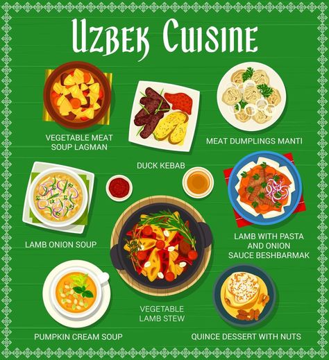 Uzbek cuisine menu, national food of Uzbekistan Uzbek Food, Uzbekistan Food, Cream Of Pumpkin Soup, Meat Dumplings, Food Prints, Vector Brush, Lamb Stew, Onion Sauce, Spiralizer Recipes