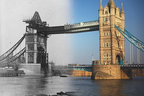 Tower BridgeLondon's most iconic bridge, under construction in the late 19th century, blends into today's finished product Old And New Photography, Past And Present Photography, Past And Present Art, Past Vs Present, Historic London, Gcse Photography, Ghost Of Christmas Past, London History, London Christmas