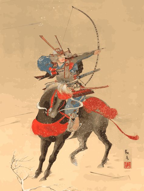 An Edo period Japanese hanging scroll painting of a samurai mounted on horseback. The colors have been digitally enhanced. Samurai Traditional Art, Japanese Medieval Art, Old Samurai Art, Vietnamese Zodiac, Edo Period Art, Japanese Ronin, Samurai Painting, Traditional Japanese Samurai, Warrior Painting