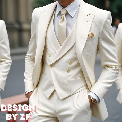 Men Wedding Costume, White Suits For Groom, White Suit Men Wedding Classy, White Coat Suit For Men, White Suit Men Outfit, Unique Men’s Wedding Suit, Wedding Groom Suit White, Cream Groom Tuxedo, White Suit With Gold Accents