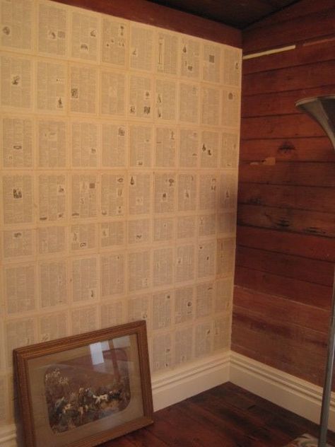 Old Book Wallpaper, Book Pages As Wallpaper, Wall With Book Pages, Book Page Wallpaper, Book Pages Wall Decor, Cheap Diy Wall Art, Newspaper Wall, Powder Room Wallpaper, Book Wallpaper