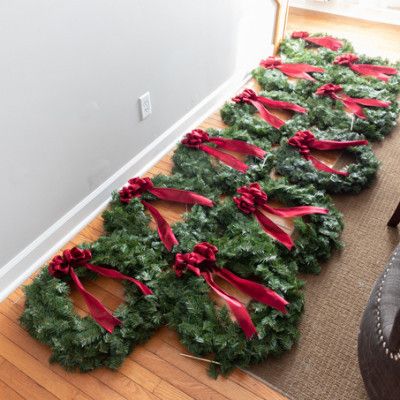 Outdoor Christmas Window Wreath Ideas, Outdoor Window Wreaths For Christmas, Small Window Wreaths Christmas, Wreath On Every Window, Wreath With Red Ribbon On Window, Wreath On Window Outdoor, Wreaths On All Windows, Exterior Window Wreaths Christmas, Townhouse Outdoor Christmas Lights