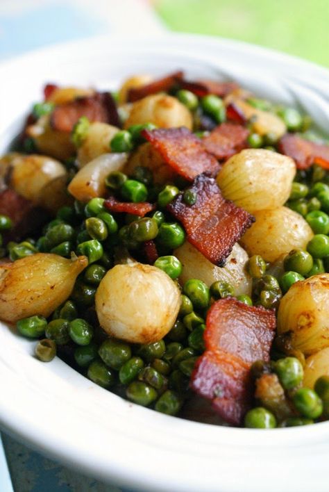 Pearl Onions, Peas and Bacon Braised Vegetables, Peas And Bacon, Pearl Onions, Pea Recipes, Onion Recipes, Veggie Side Dishes, Bbc Good Food Recipes, Vegetable Sides, Veggie Sides