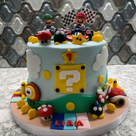 Mario Movie Cake Ideas, Birthday Cake For 6 Year Boy, Mario Racetrack Cake, Mario Kart Birthday Cake, Mario Rainbow Road Cake, Mario Kart Rainbow Road Birthday Cake, Mario Kart Cake Buttercream, Super Mario Question Block Cake, Mario Kart Cake