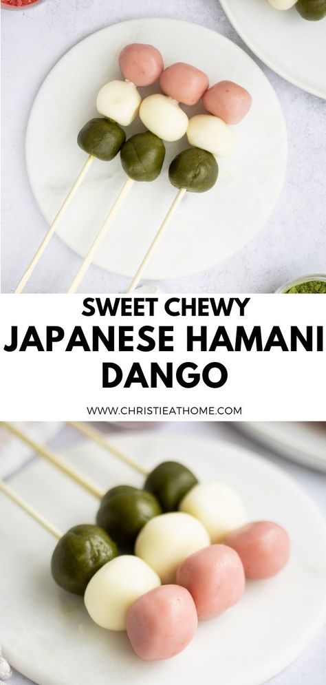 Hanami Dango. Chewy sweet, flavoured rice balls that come in three variations – strawberry, matcha and plain. A fun and delicious Japanese dessert that is simple to make at home!This is a great dessert to impress your guests or to get the kids involved as it is fun to roll out the dough balls. My simple dango recipe only requires only 4 ingredients, without the flavouring! #dessert #japanesefood #japaneserecipe #japanesedessert #recipe #recipeeasy #mitarashi #hanami #japanese #foodaesthetic Japanese Sweet Dumplings, Japanese Dango Recipe, Mitarashi Dango Recipe, Japanese Picnic Food, Hanami Dango Recipe, Naruto Food, Sweet Rice Balls, Fantasy Cafe, Dango Recipe