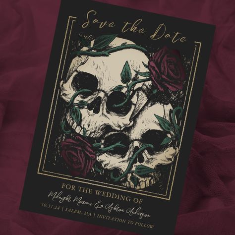 Gothic save the date with two skulls and entwinted roses. Add your special details to this moody and darkly beautiful design and send to family and friends so they are sure to save the date they will celebrate with you. See coordinating items in our shop, Enchanted Finch. Sapphire And Black Wedding Theme, Goth Wedding Invites, Skull Themed Wedding, Dark Romance Wedding, Gangster Wedding, Victorian Gothic Wedding, Wedding Invatations, Dark Romantic Wedding, Gothic Wedding Theme