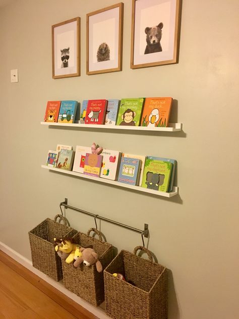 Boy's Nursery, Gray Nursery, Nursery Storage Ideas, Nursery Bookshelf Ideas, Benjamin Moore Gray Owl, Woodland Nursery Boys Bookshelf Ideas, Storage Ideas For Nursery, Boys Bookshelf, Storage Ideas Nursery, Nursery Bookshelf Ideas, Nursery Storage Ideas, Nursery Gray, Benjamin Moore Grey Owl