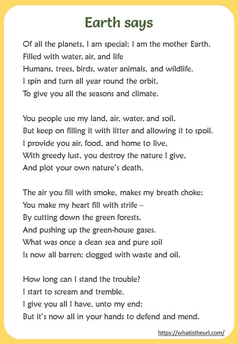 Printable The Earth Speaks – Poem Poem About Nature Earth, Poem For English Elocution, Earth Day Essay, Poems About Nature Earth, Poem On Environment In English, Mother Nature Poem, Poem On Earth Day In English, Poem About Environment, Poem About Science