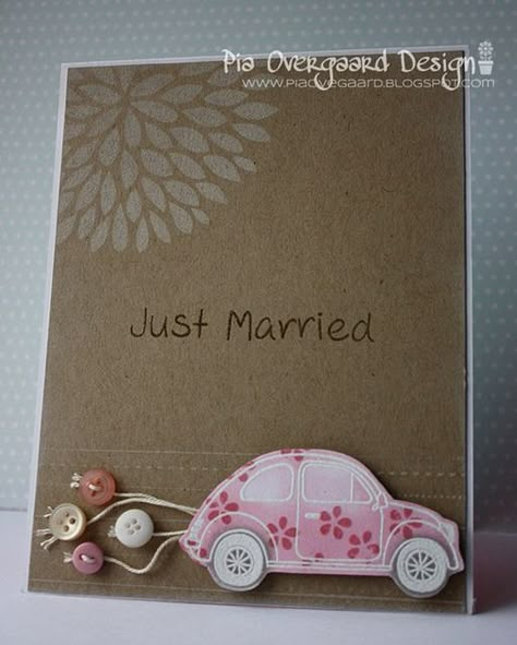 Wedding Card - Essential products for this project can be found on Crafting.co.uk - for all your crafting needs. - Simple and fun handmade wedding card. Kraft paper base and a fun flowered beetle bug car with buttons dragging behind instead of cans. Card With Buttons, Bug Car, Wedding Congratulations Card, Wedding Cards Handmade, Beetle Bug, Wedding Scrapbook, Button Cards, Hand Of Cards, Wedding Anniversary Cards