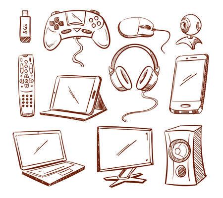 Vector Illustration. Hand Drawn Set Of Computer Devices Work In The Office And Play. Royalty Free SVG, Cliparts, Vectors, And Stock Illustration. Image 126147392. Easy Objects To Draw, Computer Devices, Book Art Projects, Doddle Art, Computer Gadgets, Vector Doodle, Zen Doodle Art, Object Drawing, Art Sketches Pencil