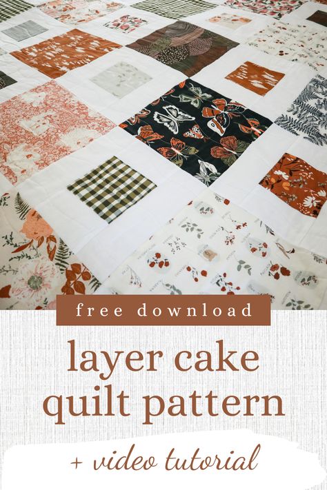 Download this free layer cake quilt pattern and sew up those layer cakes you have collecting dust in your fabric stash. With one layer cake and two yards of background fabric you can make this quilt in an afternoon. Sew along with me using the video tutorial! Layer Cake Lattice Quilt Pattern, Free Quilt Patterns Using Layer Cakes, California King Quilt Pattern, Layer Cake Toss Quilt Pattern, Christmas Layer Cake Quilt Pattern, Quilt Patterns With Squares, Free Layer Cake Patterns, Layer Cake Quilt Pattern Free Tutorials, New Quilt Ideas