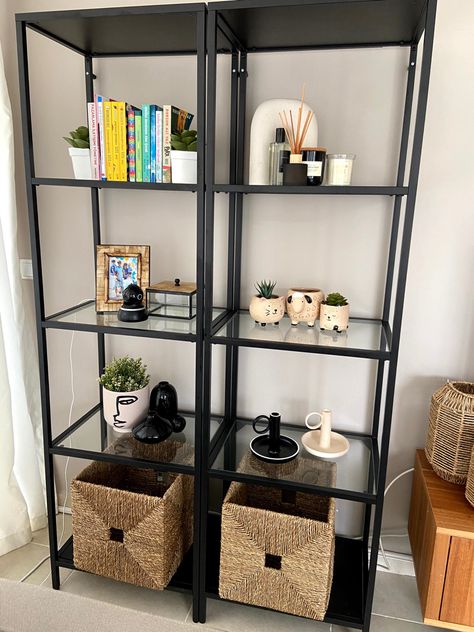 vittsjö ikea, living room, shelves Black Ikea Shelves, Top Of Shelf Decor, Vittsjo Shelves Living Room, Ikea Vittsjo Shelves Styling, Vittsjo Ikea, Ikea Vittsjo, Shelf Decor Bedroom, Minimalist Dekor, Minimalist Shelves