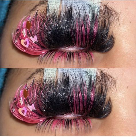 Creative Lash Extensions, Lashes Extensions Color, Lash Extensions With Decals, Valentines Day Lashes, Eye Lash Extensions With Pink, Color Lash Extensions, Colored Spikes Lashes, Valentine Eyelash Extensions, Lashes With Pink In Them