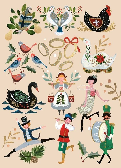 Christmas Folk Art Illustration, Christmas Folk Art Painting, Folk Art Christmas Cards, Folk Art Nursery, 12 Days Of Christmas Art, 12 Days Of Christmas Illustration, Folk Art Patterns, Folk Christmas, Christmas Folk Art