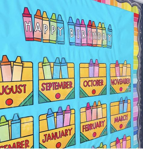 Happy Birthday Chart, Crayon Themed Classroom, Birthday Display In Classroom, Preschool Birthday, Birthday Bulletin Board, Birthday Board Classroom, Birthday Chart, Birthday Boards, Birthday Bulletin Boards