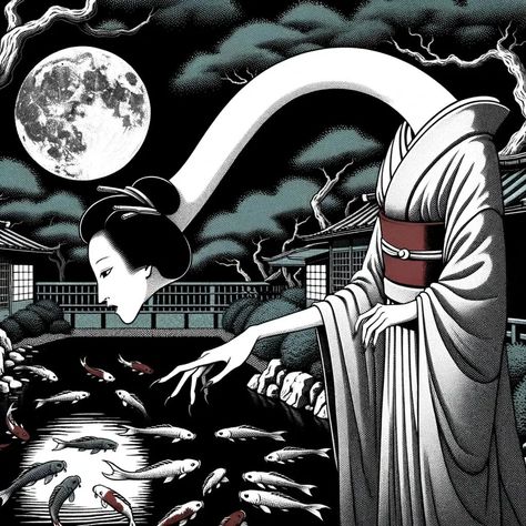 The rokurokubi (ろくろ首, 轆轤首) is a strange creature from Japanese mythology, close to the nukekubi. During the day, it looks like a completely normal person, but at night, its neck. Japanese Yokai, Yuki Onna, Japanese Legends, Japanese Poster Design, Japanese Mythology, Japanese Horror, Japanese Folklore, Normal Person, Japanese Poster