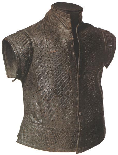 Photograph: Leather jerkin (a short-sleeved jacket) decorated with slashes and holes cut through the leather.  1550-1600  Tower of London Warlock Fashion, Leather Jerkin, Extant Garments, 16th Century Clothing, 17th Century Clothing, Fashion History Timeline, 16th Century Fashion, Museum Of London, Time Periods