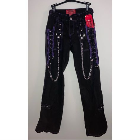 New With Tags Tripp Nyc Pants! Size 1 (Xs/S) With Adjustable Waist Thing Super Cute Just Don’t Fit Me! With Purple Ruffles And Stitching, Removable Chains, And Zipper Leg Openings For My Mall Goths Purple Mall Goth, Tripp Jeans, Tripp Nyc Pants, Corset Pants, Animal Print Jeans, Black Overalls, Black Goth, Tripp Nyc, White Houndstooth