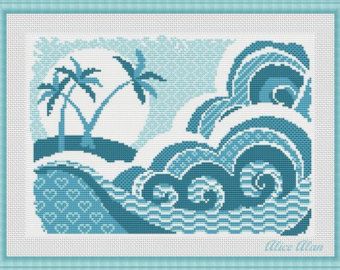 HallStitch Cross stitch patterns for hand by HallStitch on Etsy Horse Quilt, Palm Island, Mosaic Crochet, Pola Kristik, Vintage Postage Stamps, Vintage Postage, Ocean Theme, Minecraft Designs, Sea Waves