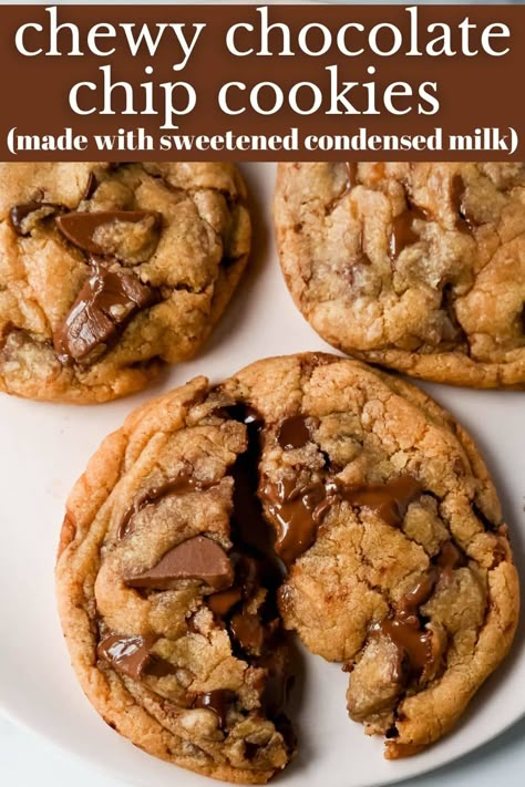 Chewy Chocolate Chip Cookies (with sweetened condensed milk) Cookie Recipes Using Sweetened Condensed Milk, Chocolate Chip Cookies With Sweetened Condensed Milk, Milk Chocolate Dessert Recipes, Sweetened Condensed Milk Chocolate Chip Cookies, No Bake Desserts With Condensed Milk, Secret Ingredient Chocolate Chip Cookies, Ways To Use Sweetened Condensed Milk, Sweets With Condensed Milk, Recipes That Use Sweet Condensed Milk