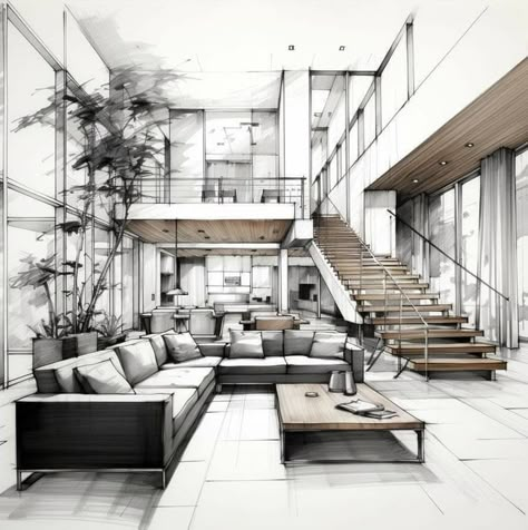 Living Room Perspective Drawing, Interior Design Living Room Sketch, Interior Design Sketches Perspective, Loft Drawing, Perspective Drawing Interior, Interior Perspective Drawing, Interior Sketch Perspective, Interior Architecture Sketch, Architecture Sketching