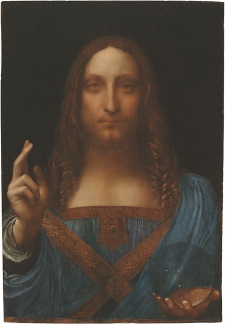 'Salvator Mundi' by Leonardo Da Vinci.  Christ as the Salvator Mundi, the Savior of the World, facing forwards with two fingers of his right hand raised in blessing and a crystal globe in his left hand. It’s oil on a walnut panel and is 2 x 1.5 feet (26 x 18 inches, 66 x 45 cm) in size. Most Expensive Painting, Expensive Paintings, Istoria Artei, Amedeo Modigliani, Willem De Kooning, Jive, National Gallery, Caravaggio, Salvador Dali