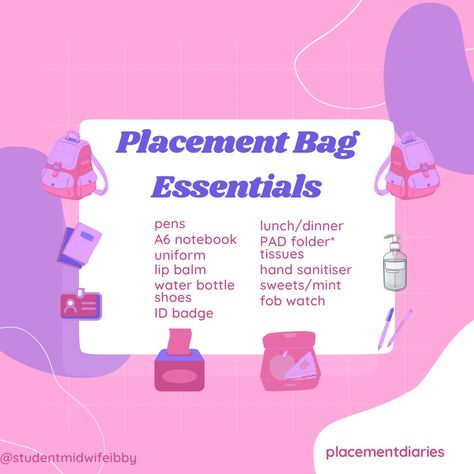 Placement bag. Student midwife Student Nurse Essentials, Clinical Bag Nursing Student, Clinical Bag, Uni Motivation, Student Midwife, Nursing School Essential, Nurse Bag, Nursing School Notes, Medical School Essentials