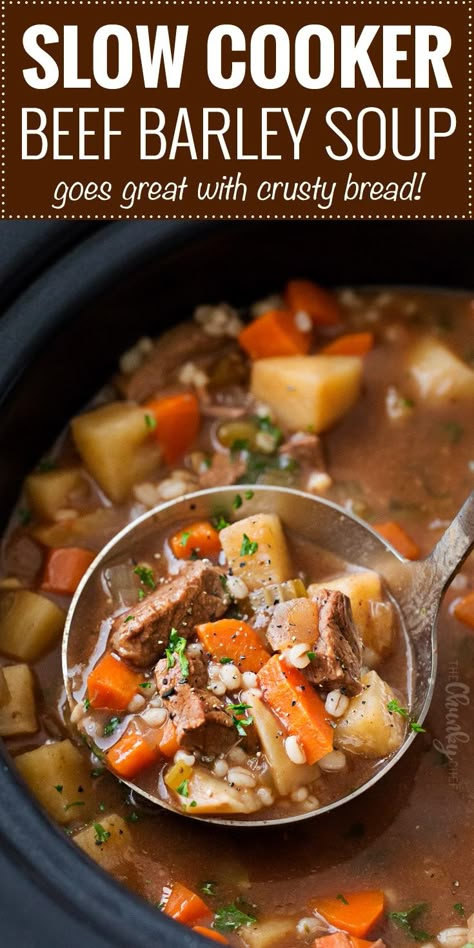 TIPS Beef Barley Soup In Crockpot, Easy Beef Barley Soup, Crockpot Beef Barley Soup, Slow Cooker Beef Barley Soup, Soup Hearty, The Chunky Chef, Chunky Chef, Beef Soup Recipes, Beef Barley