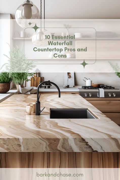 Considering a waterfall countertop for your kitchen or bathroom? Our guide highlights the top 10 pros and cons, helping you make the right choice! Waterfall countertops not only elevate the style and value of your space, but they come with their unique challenges too. Discover stunning design tips, maintenance tricks, and potential downsides like cost and durability. Whether you want classy, modern aesthetics or practical warnings, our guide is your go-to resource for making an informed decision about your interior design project! Waterfall Island With Outlet, Waterfall Island Kitchen Quartz, Waterfall Island Kitchen, Kitchen Quartz, Waterfall Countertop, Waterfall Island, Waterfall Design, Quartz Kitchen, Countertop Design