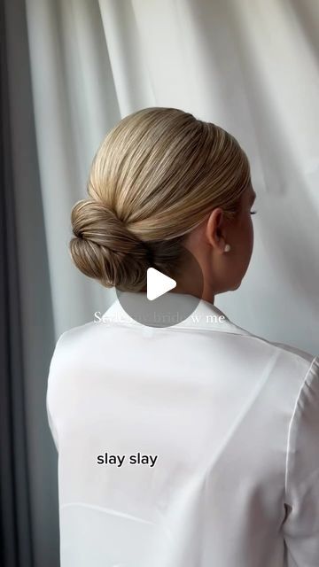 Low Bun Ears Covered, Slick Back Bridal Hair Bun, Sleek Elegant Bun, Simple Low Bun Medium Hair, Smooth Bun Wedding Hair, Side Partition Bun Hairstyles, Smooth Low Bun Wedding, Slicked Back Bridal Bun, French Low Bun