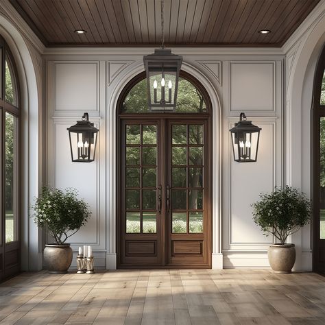 Step into a realm of timeless elegance with the Irvington Manor Outdoor Lighting Collection by The Great Outdoors. Large Outdoor Sconces Front Door, Outdoor Lighting Ideas Front Door, Giant Front Door, Exterior Lights On House, Outdoor Lights Front Door, Brick Front House, Transitional Front Door, Outdoor Sconces Front Door, Front Door Lights