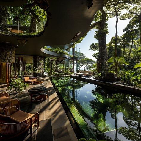 Jungle Luxury, Rain Forest House, Future Jungle House, Luxury Jungle Home, Rainforest Home, Rainforest House, Forest Mansion Interior, Jungle Mansion, Jungle House Aesthetic Exterior