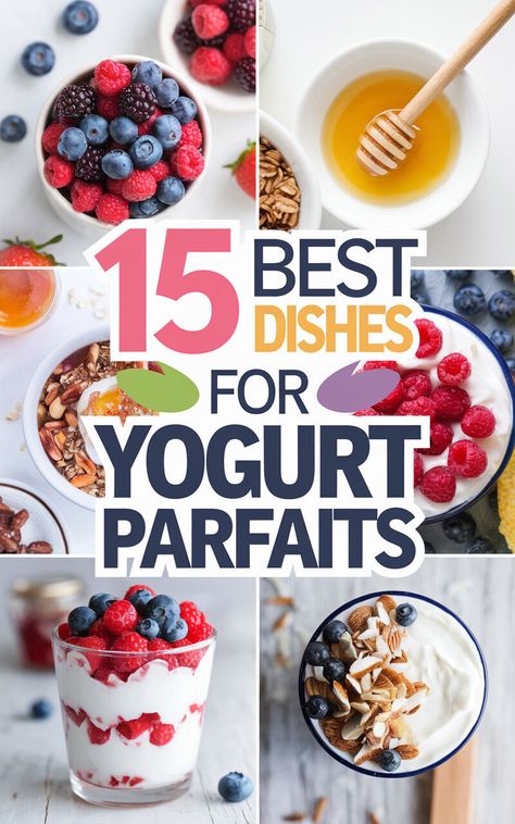 15 Delicious Pairings for Your Yogurt Parfaits! 🍓🥥🍌 #yogurtparfait #healthybreakfast Yogurt Parfaits For Brunch, Yougart Parfait Bowl, Mini Yogurt Parfait Cups, Yogurt Parfait Ideas, Greek Yogurt Parfait Recipes, Healthy Parfait Recipes, Breakfast Parfait Recipes, Yogurt Parfait Bar, Parfait Bar