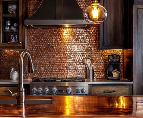 6+ Kitchen Splashback Ideas with Metallic Finishes for an Industrial Vibe • 333+ Inspiring Lifestyle Ideas Industrial Kitchen Splashback, Copper Splashback Kitchen, Kitchen Splashback Ideas, Copper Splashback, Metallic Kitchen, White Modern Kitchen Ideas, Splashback Ideas, Splashback Kitchen, Copper Kitchen Backsplash