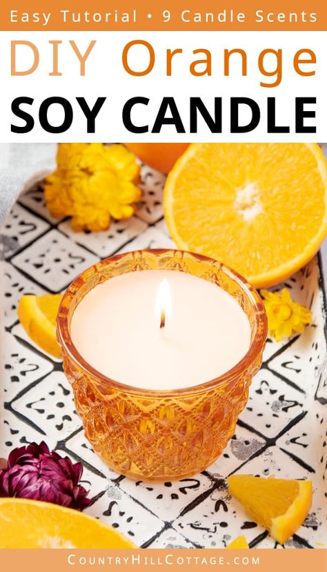 See how to make natural DIY lemon candles in a mason jar that smell like real citrus fruit! Sunny lemon scented candles are sure to brighten your day! The all-natural citrus candle is made with soy wax plus lemon essential oil and has a refreshing crisp scent. This candle recipe includes lots of tips for the best smelling lemon candles, mentions benefits, and different lemon blend scents with lavender, vanilla, rosemary, ginger, cinnamon, citronella, orange and others. | CountryHillCottage.com Diy Orange Candle, Candle Scent Combinations, Lemon Candles, Orange Peel Candle, Candle Recipe, Lemon Scented Candle, Lemongrass Candle, Candle Scents Recipes, Orange Scented Candle