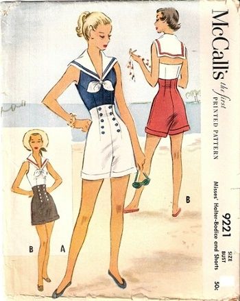 Charming high waisted vintage shorts: McCall 9221. I love the halter-neck with the sailor collar! Playsuit Pattern, Patron Vintage, Vintage Dress Patterns, Beachwear Fashion, Motif Vintage, Sailor Collar, Retro Mode, Couture Vintage, Mccalls Patterns