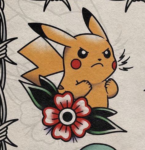 Neo Traditional Pokemon Tattoo, Pokemon Traditional Tattoo, Traditional Pokemon Tattoo, Pokémon Flash, Fem Tattoos, Fandom Tattoos, Traditional Tattoo Drawings, Pikachu Tattoo, Traditional Tattoo Inspiration