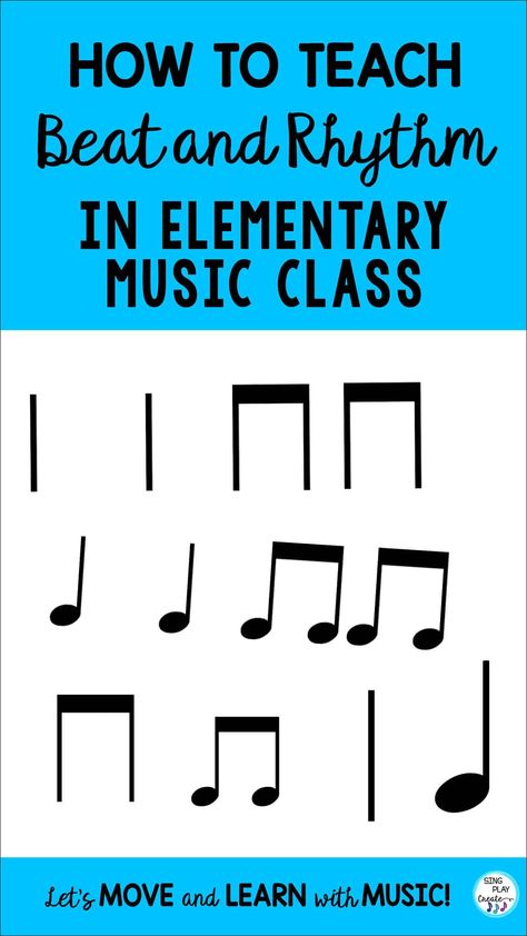 Here are some ideas on how to teach rhythm in elementary music class. I think it’s important to incorporate beat and rhythm activities early. Rhythm Activities For Elementary, Rhythm Lessons Elementary, Elementary Music Classroom Decor, Kindergarten Music Lessons, Kodaly Songs, Elementary Music Education Games, Rhythm Games For Elementary Music, Counting Rhythms Music Education, Orff Music