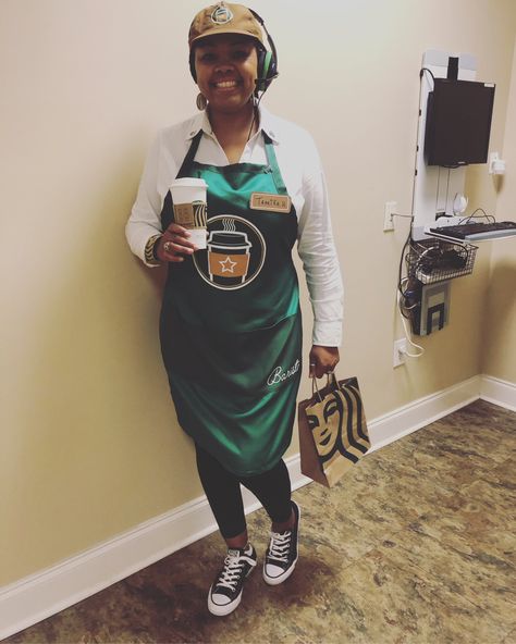 Starbucks barista! Halloween 2k19 Starbucks Barista Outfit, Barista Outfit, Barista Outfits, Starbucks Barista, Thanksgiving Ideas, Decor Crafts, Halloween Costume, Varsity Jacket, What To Wear