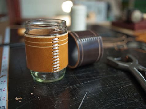 How to: Make a DIY Leather Cup Jacket Mason Jar Sleeve, Leather Mason Jar, Mason Jar Cozy, Diy Jacket, Diy Holiday Gifts, Diy For Men, Leather Scraps, Simple Leather, Design Sponge