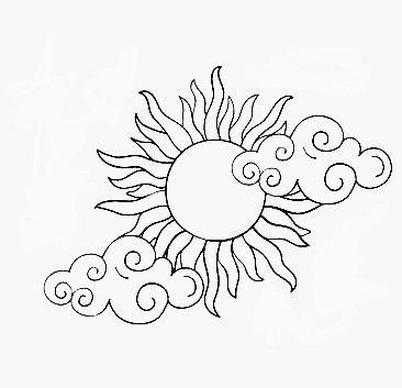 Sun Drawings Easy, Sun With Clouds Drawing, Sun Sketch Simple, Sternum Tattoo Stencil, Simple Sun Drawing, Flash Art Tattoo Simple, Sun And Moon Tattoo Stencil, Sun And Moon Drawing, Traditional Tattoo Outline