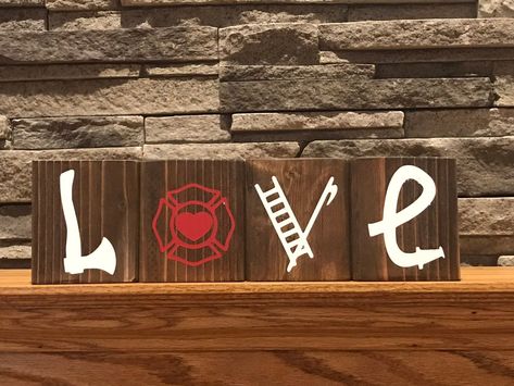 Firefighter Love Blocks | Firefighter Decor | Farmhouse Blocks | Fireman Decor by BaileyHornCreations on Etsy Biker Bedroom, Firefighter Decorations, Fireman Room, Fire Department Decor, Fireman Decor, Firefighter Room, Firefighter Cross, Love Blocks, Firefighter Life