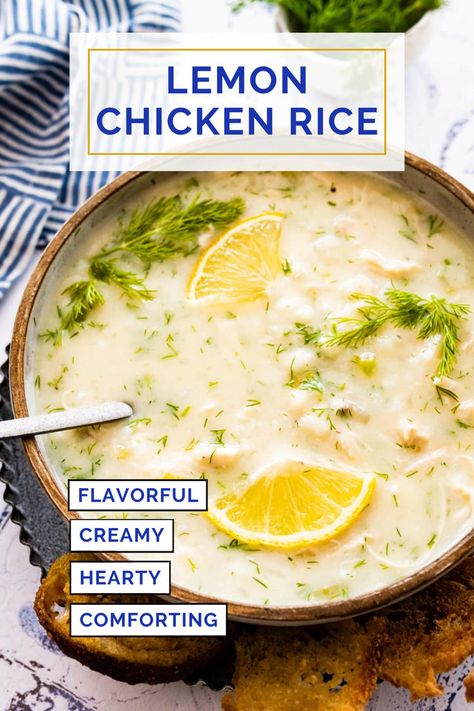 Greek lemon chicken rice in a bowl. Lemon Chicken Rice Soup, Greek Lemon Soup, Greek Lemon Rice Soup, Healthy Lemon Chicken, Lemon Chicken Rice, Lemon Rice Soup, Greek Lemon Rice, Avgolemono Soup, Greek Lemon Chicken Soup