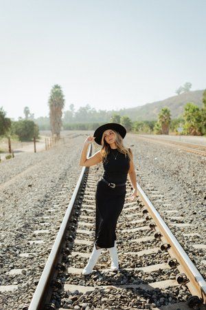 Carefree Photography, Senior Pictures Railroad Tracks, Railroad Senior Pictures, Train Track Poses, Railroad Photoshoot, Western Photoshoot Ideas, Clean Photos, Train Tracks Photography, Western Photo Shoots