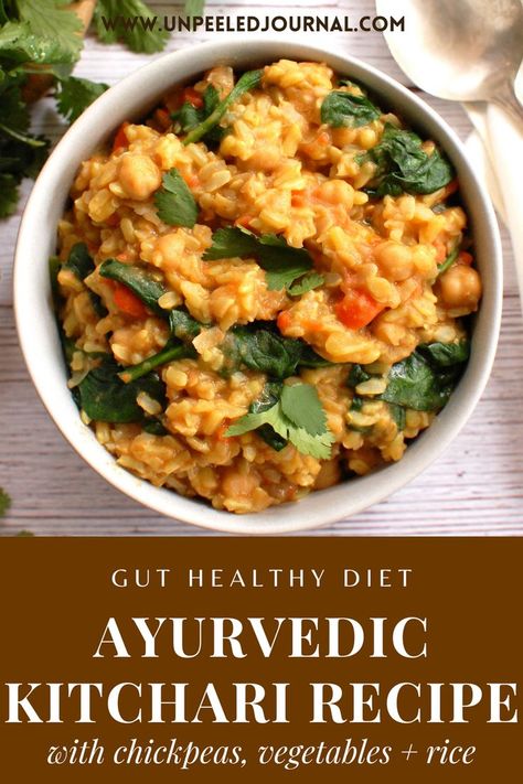 Easy Ayurvedic Recipe: Chickpea Kitchari Recipe Kitchari Recipe, Ayurvedic Food, Rice Spices, Healthy Food Recipies, Healthy Gut Recipes, Indian Vegan, Vegetables Rice, Ayurveda Recipes, Gut Healing Recipes