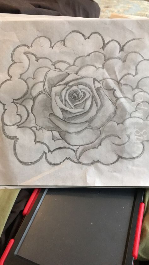 Rose in clouds tattoo design Rose Cloud Tattoo, Tattoo Background Shading, Cloud Sketch, Clouds Stencil, Cloud Tattoo Design, Clouds Tattoo, Background Tattoo, Clouds Background, Cloud Stencil