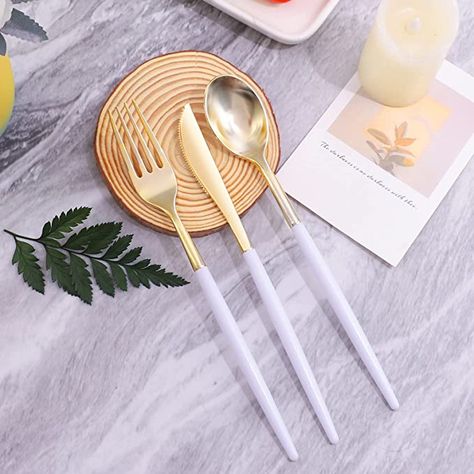 Amazon.com: LLSF 96 Pieces Gold Plastic Silverware, Gold Plastic Cutlery with Black Handle, Disposable Flatware Include 32Forks, 32 Spoons, 32 Knives For Wedding and Party : Everything Else Gold Plastic Silverware, Plastic Dinnerware Sets, Gold Cutlery Set, Cutlery Set Stainless Steel, White Dinnerware Set, Plastic Silverware, Gold Cutlery, Space Kitchen, Flatware Sets