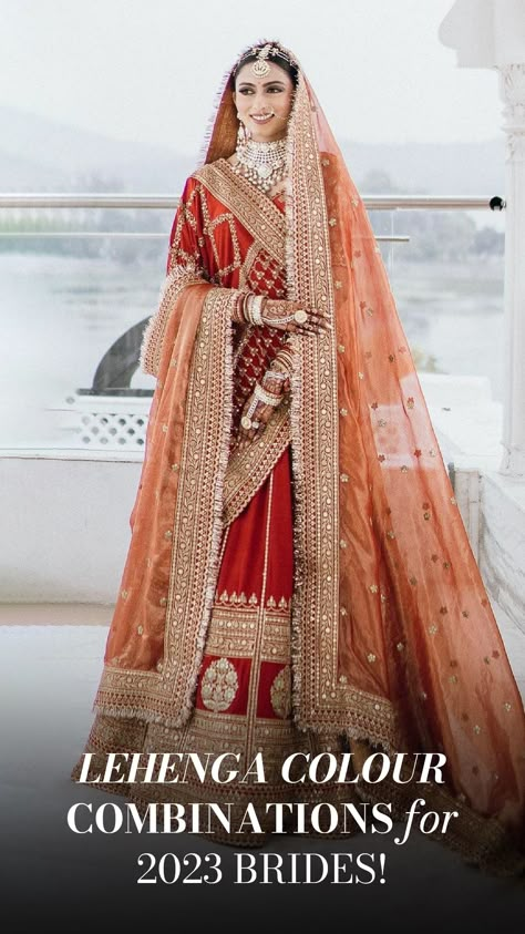 Especially those brides who cannot stick to monotone outfits because half of their heart is inclined towards one hue and the other half is set on another. And this calls for us to predict 2023's ultimate bridal lehenga color combinations! From playing with different shades of pastels to infusing fresh hues over a traditional palette; we see a lot of fun color trends ruling the bridal wardrobes Bridal Lehenga Color Combinations, Bridal Lehnga Unique, Lehenga Color Combinations, Lehenga Designs Latest, Latest Bridal Lehenga Designs, Best Indian Wedding Dresses, Sabyasachi Bridal, Bridal Lehenga Designs, Latest Bridal Lehenga